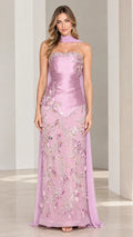 Front view of model wearing lilac strapless beaded embroidered evening gown with chiffon neck scarf