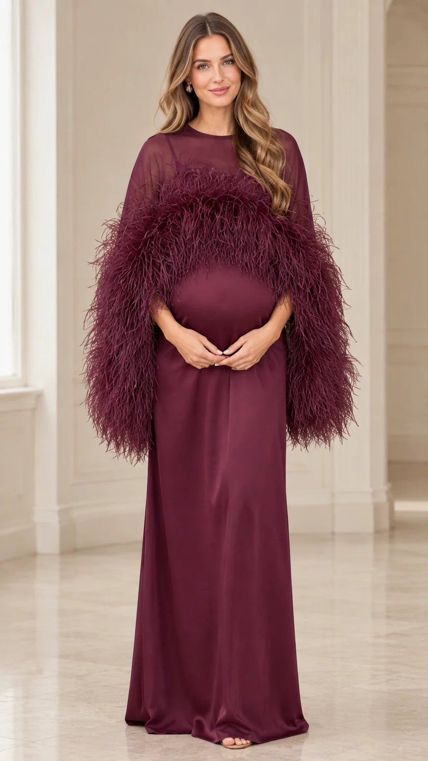 Burgundy feather trim maternity maxi dress front view