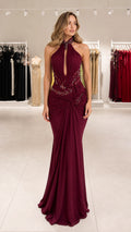 Burgundy halter neck ruched mermaid evening gown front view
