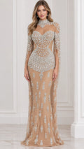 Champagne beaded illusion evening gown front view with cape sleeves