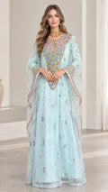 Front full-length view of woman wearing sky blue embroidered kaftan dress with sequin details