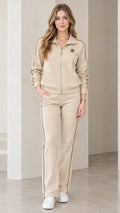 Women's beige two-piece track set with zip jacket and straight leg pants front view