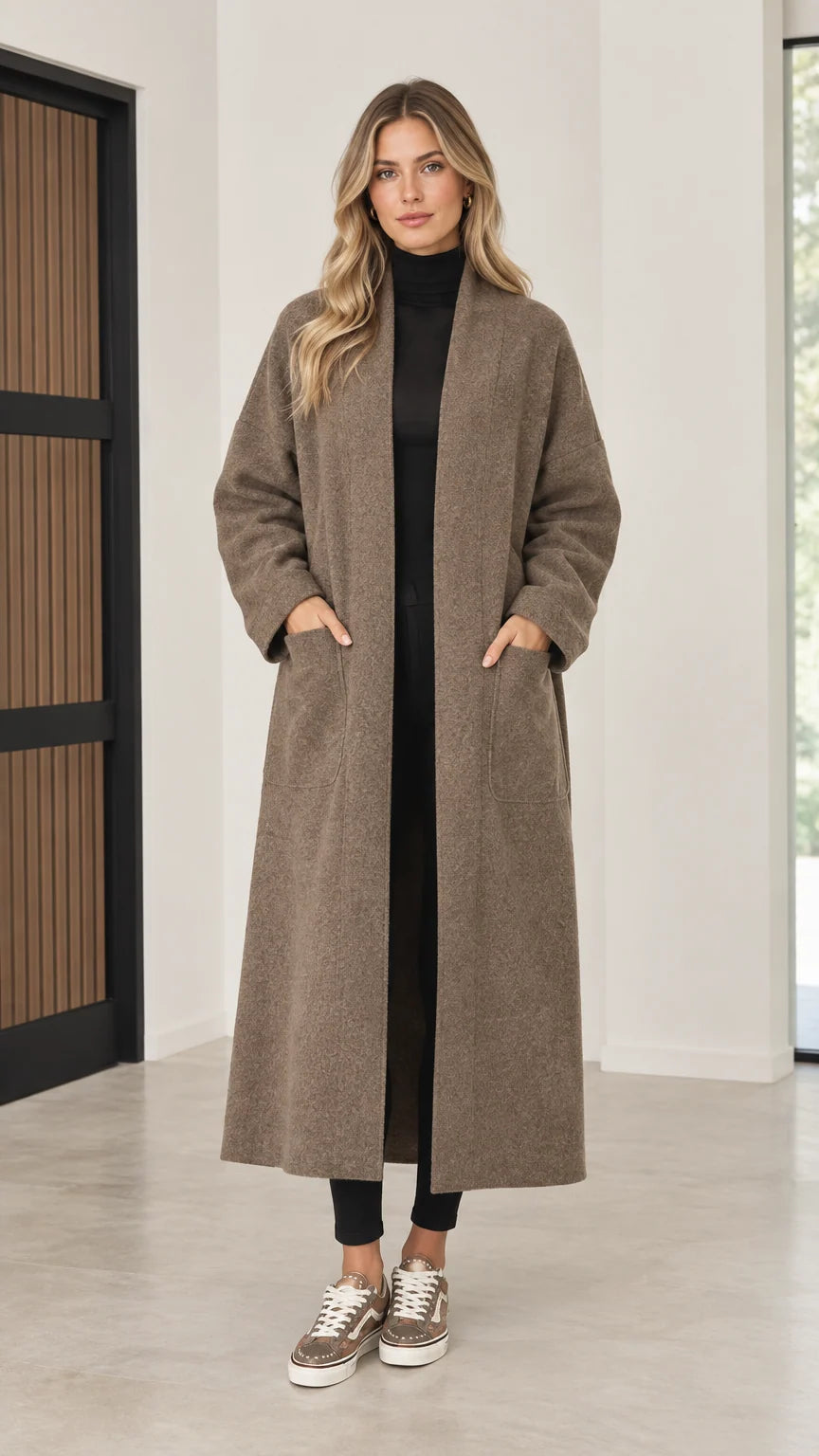 Front view of model wearing mocha open front longline maxi coatigan