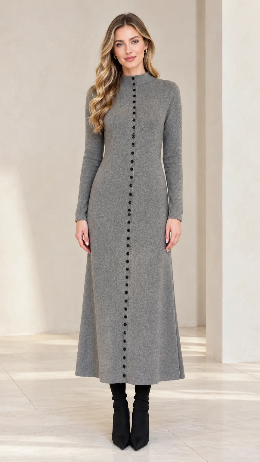 Front view of model wearing a Heather Grey mock neck button front maxi knit dress with black heeled boots