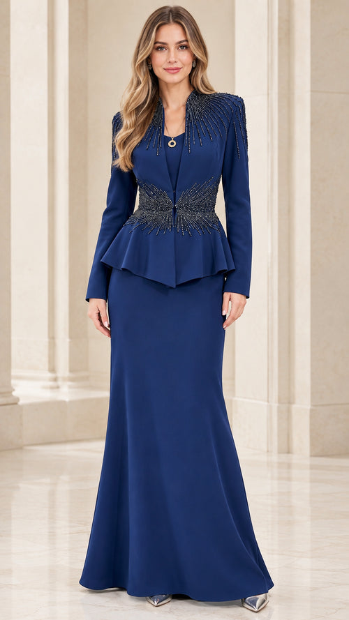 Front view of royal blue beaded peplum long sleeve evening gown set