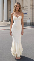 Front view of White Elegance Spotted Ruffle Mermaid Camisole Dress