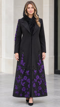 Front view of black longline maxi coat with purple floral applique and notched lapels