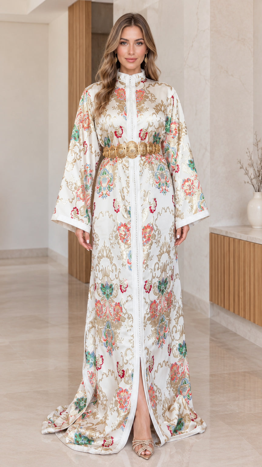Ivory floral brocade kaftan maxi dress with gold belt front view