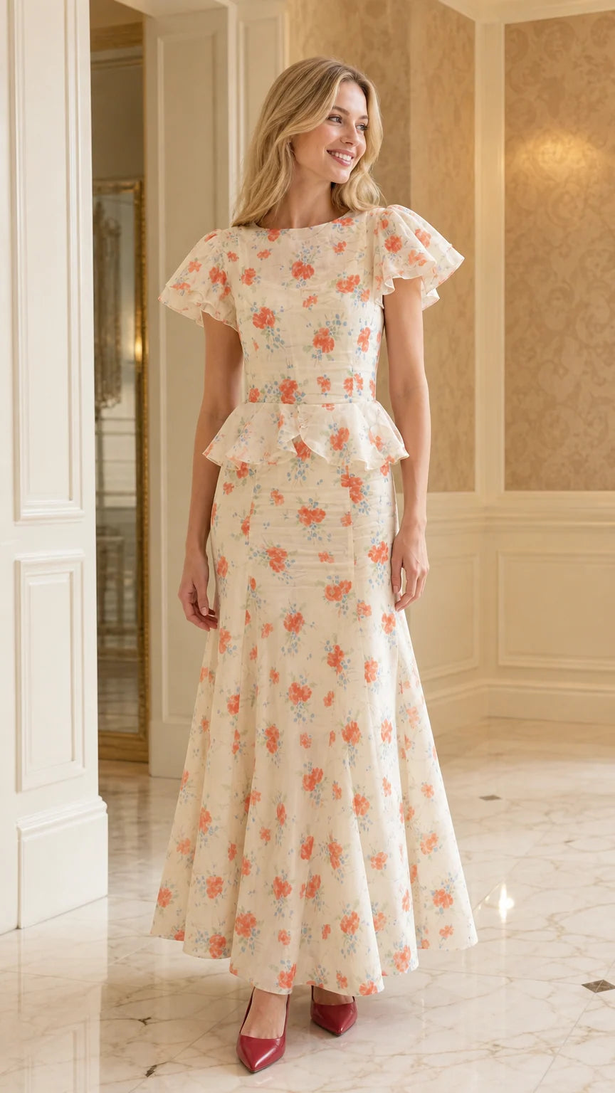 Front view of cream floral print ruffle sleeve peplum maxi dress