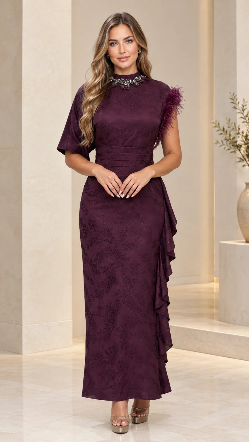 Front view of asymmetric sleeve embellished neck jacquard maxi dress in plum