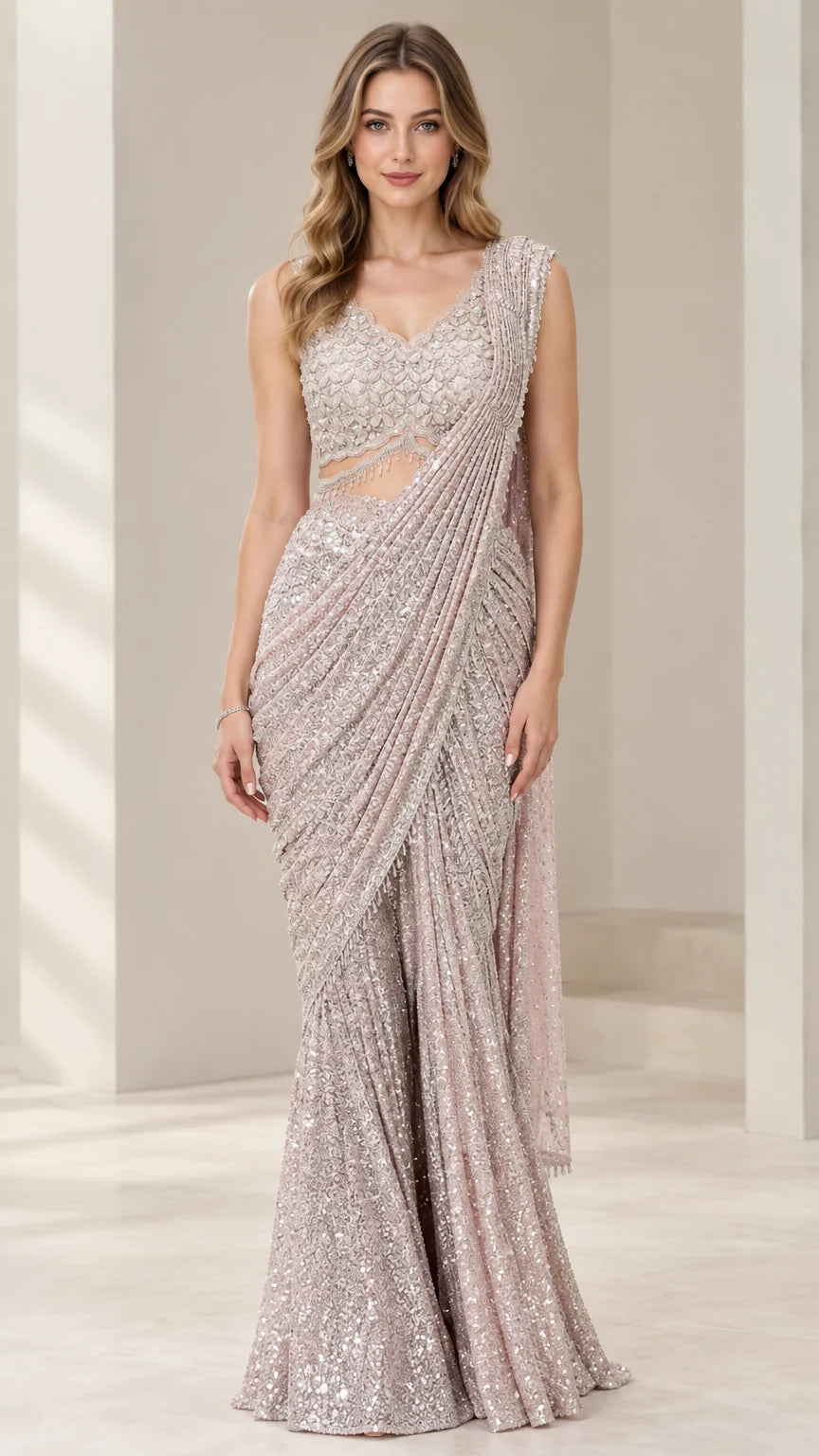 Dusty Mauve sequin pre-draped saree gown front view with beaded crop top