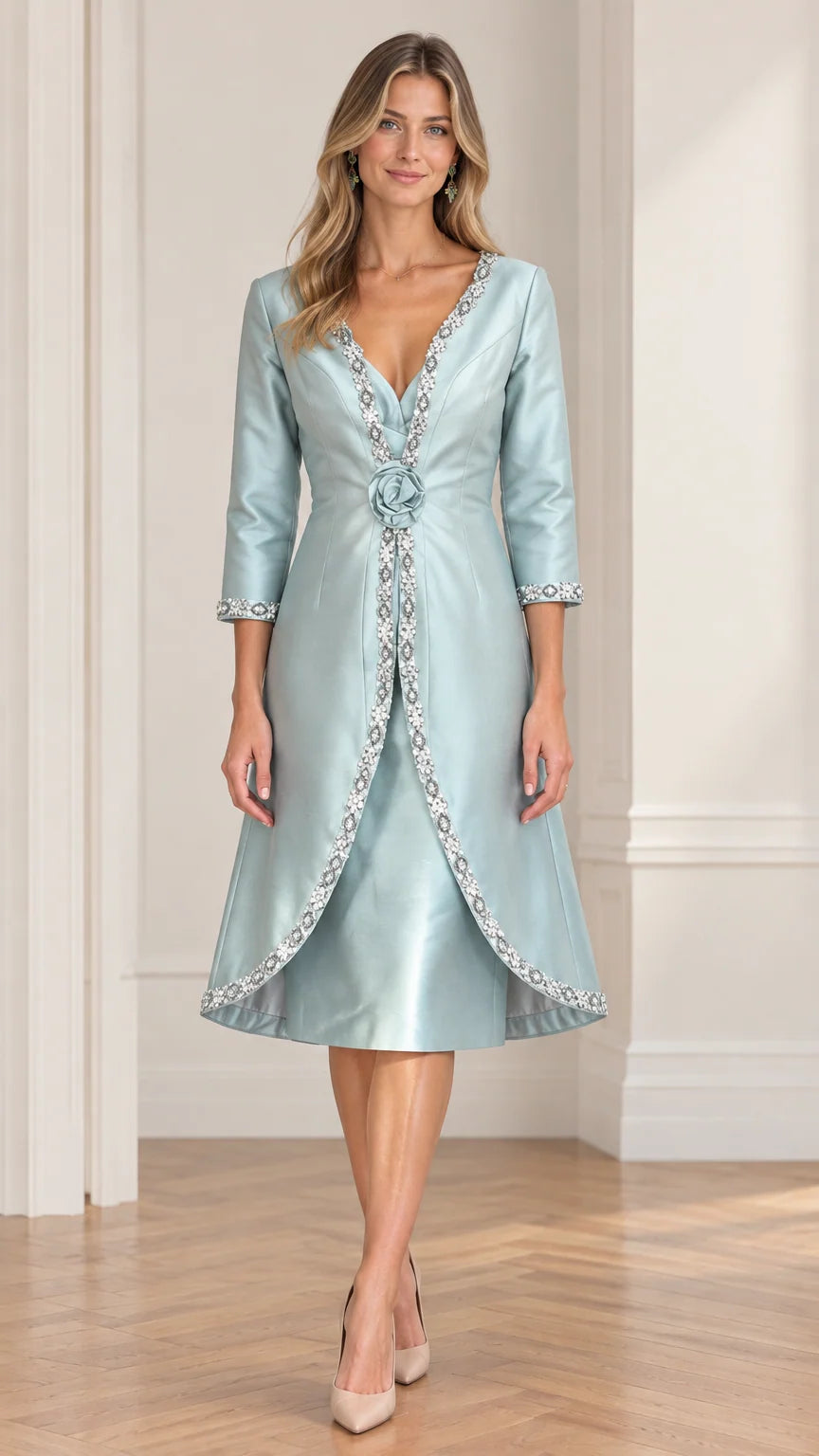 Full front view of ice blue beaded V-neck A-line midi formal dress