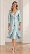 Full front view of ice blue beaded V-neck A-line midi formal dress