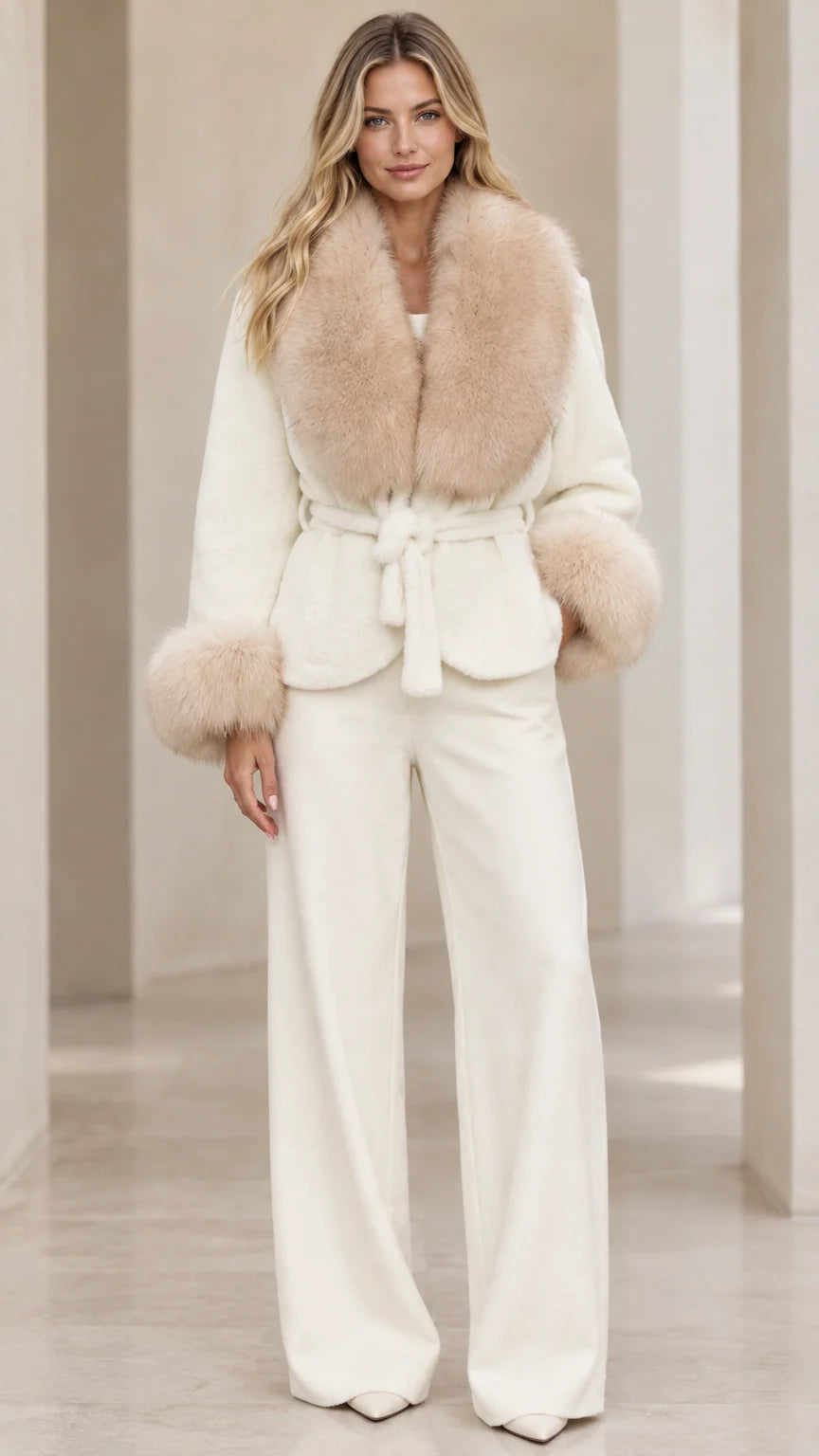 Front full view of woman wearing cream belted jacket with faux fur trim and wide leg pants