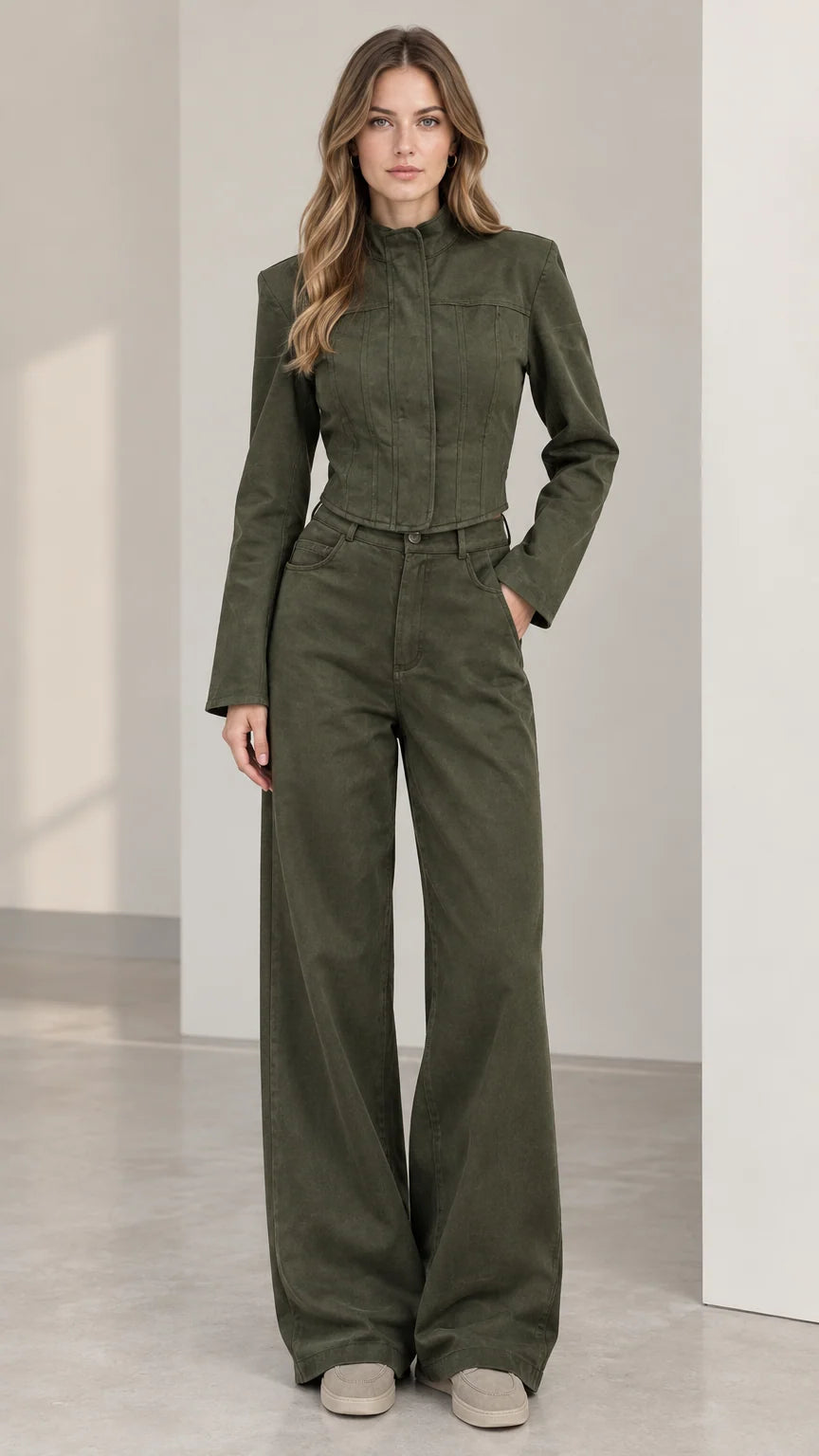 Full front view of women's olive green cropped jacket and wide leg pants set