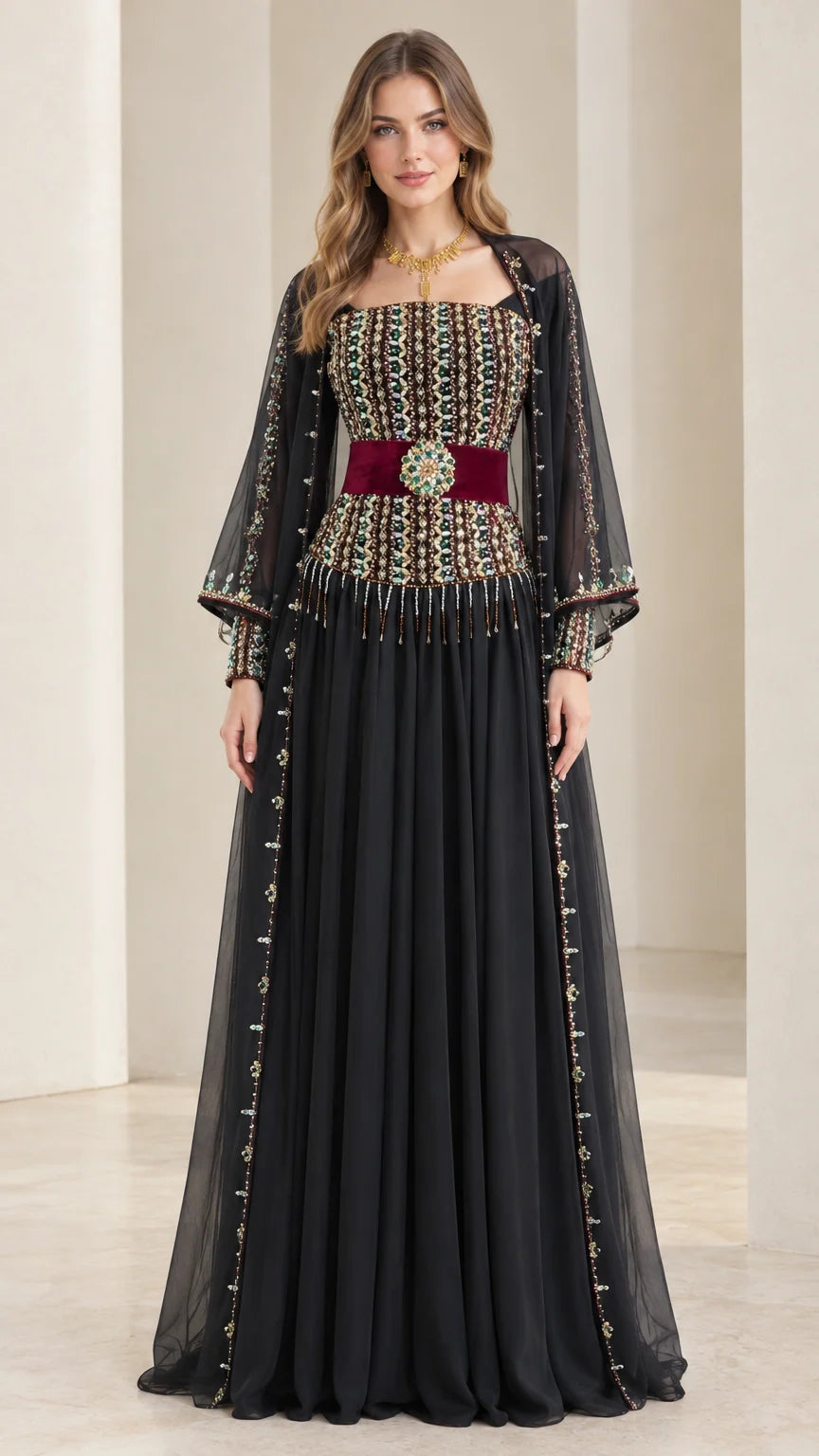 Front view of black beaded cape sleeve maxi evening dress