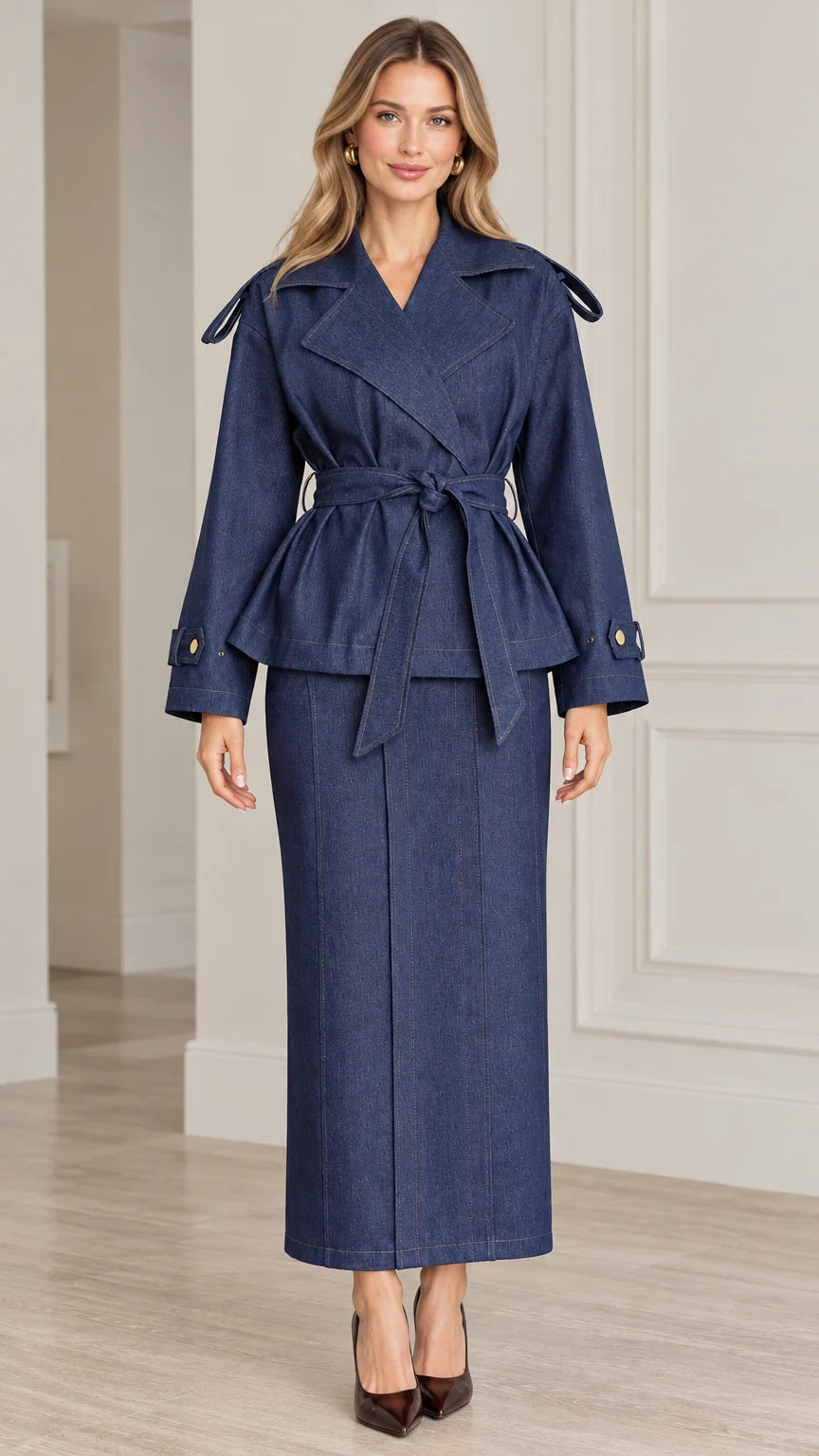 Front view of model wearing Denim Blue belted trench jacket and maxi skirt set