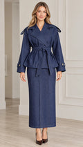 Front view of model wearing Denim Blue belted trench jacket and maxi skirt set