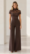 Front view of woman wearing chocolate brown sequin embroidered wide-leg formal jumpsuit