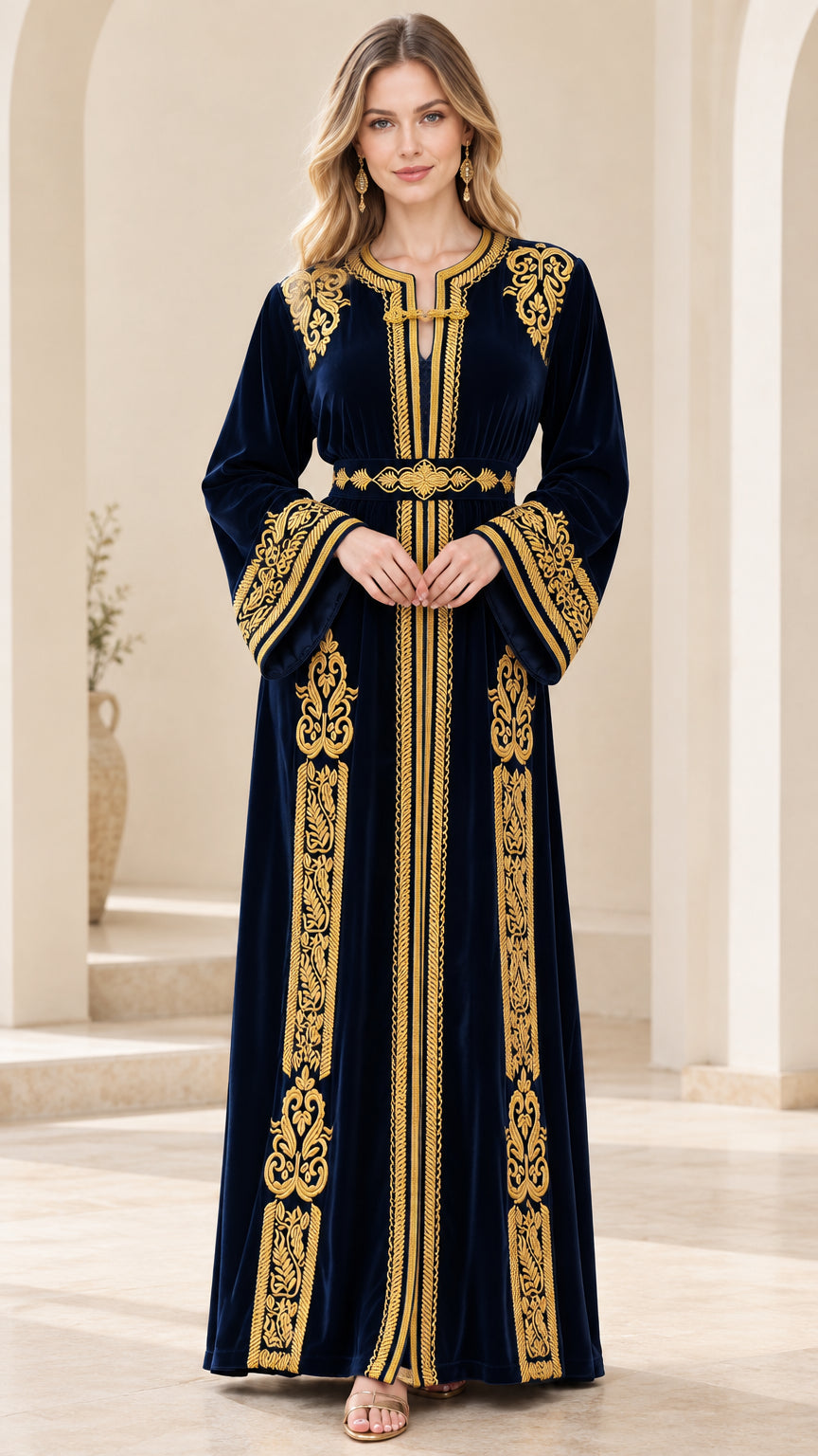 Navy Blue embroidered velvet Moroccan kaftan maxi dress front view