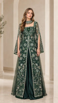 Emerald green embroidered floor-length formal evening gown with slit cape sleeves and beaded collar