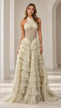 Front view of model wearing Champagne halter beaded tiered ruffle sequin evening gown