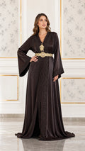 Full front view of dark brown satin caftan maxi dress with gold belt and embroidery