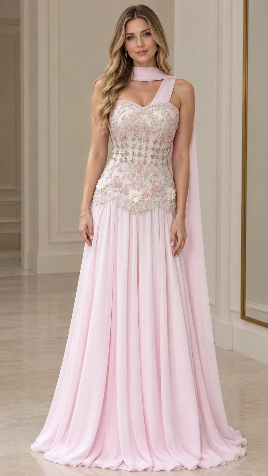 Blush pink chiffon evening gown with beaded embroidered bodice and back cape scarf front view