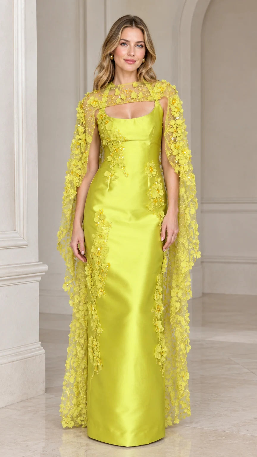 Front view of lime green satin column gown with matching 3D floral beaded cape