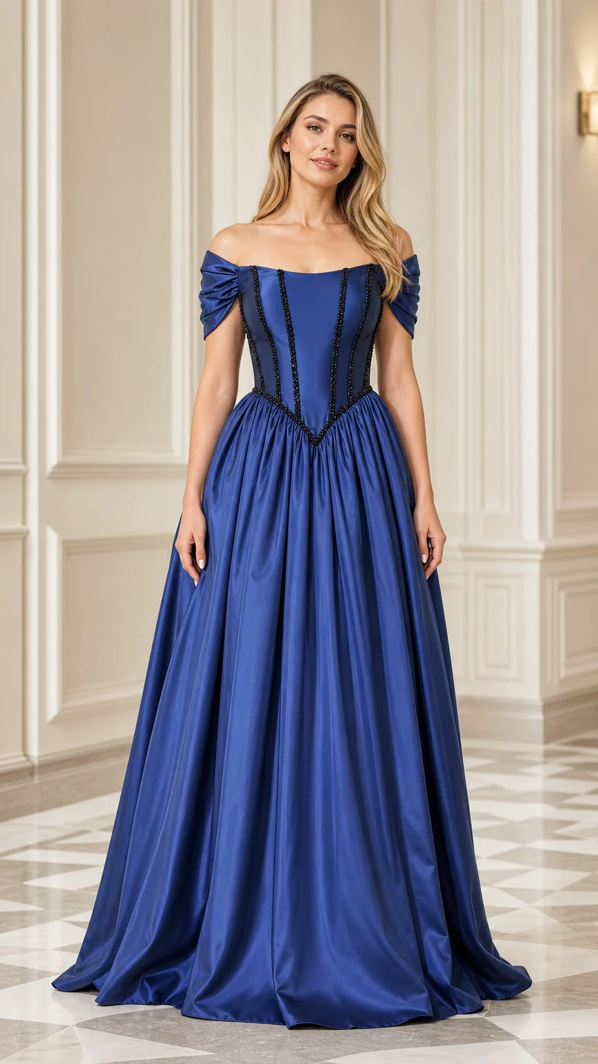 Royal Blue off-the-shoulder corset satin ball gown front view