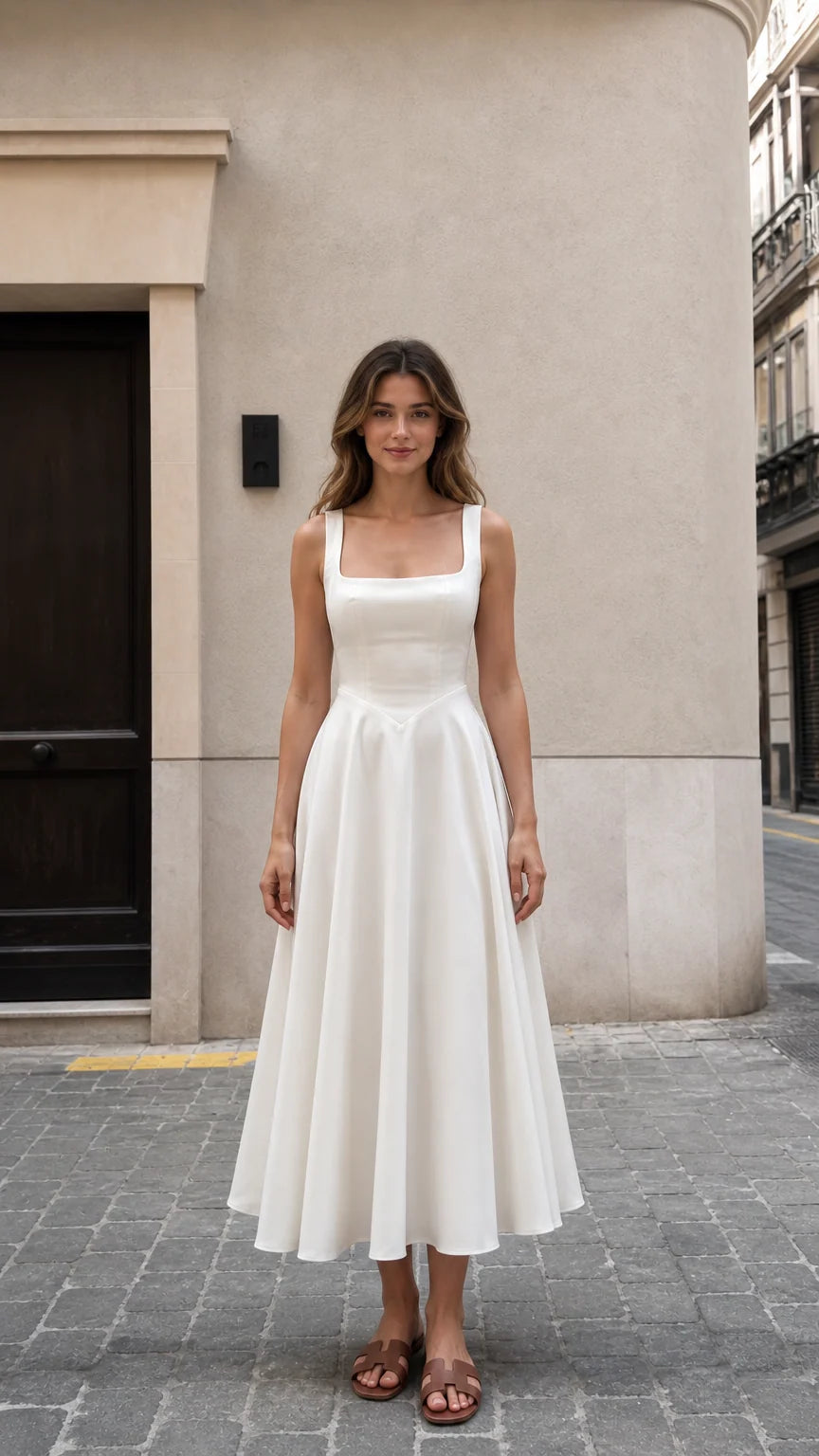 Front view of woman wearing white square neck midi dress