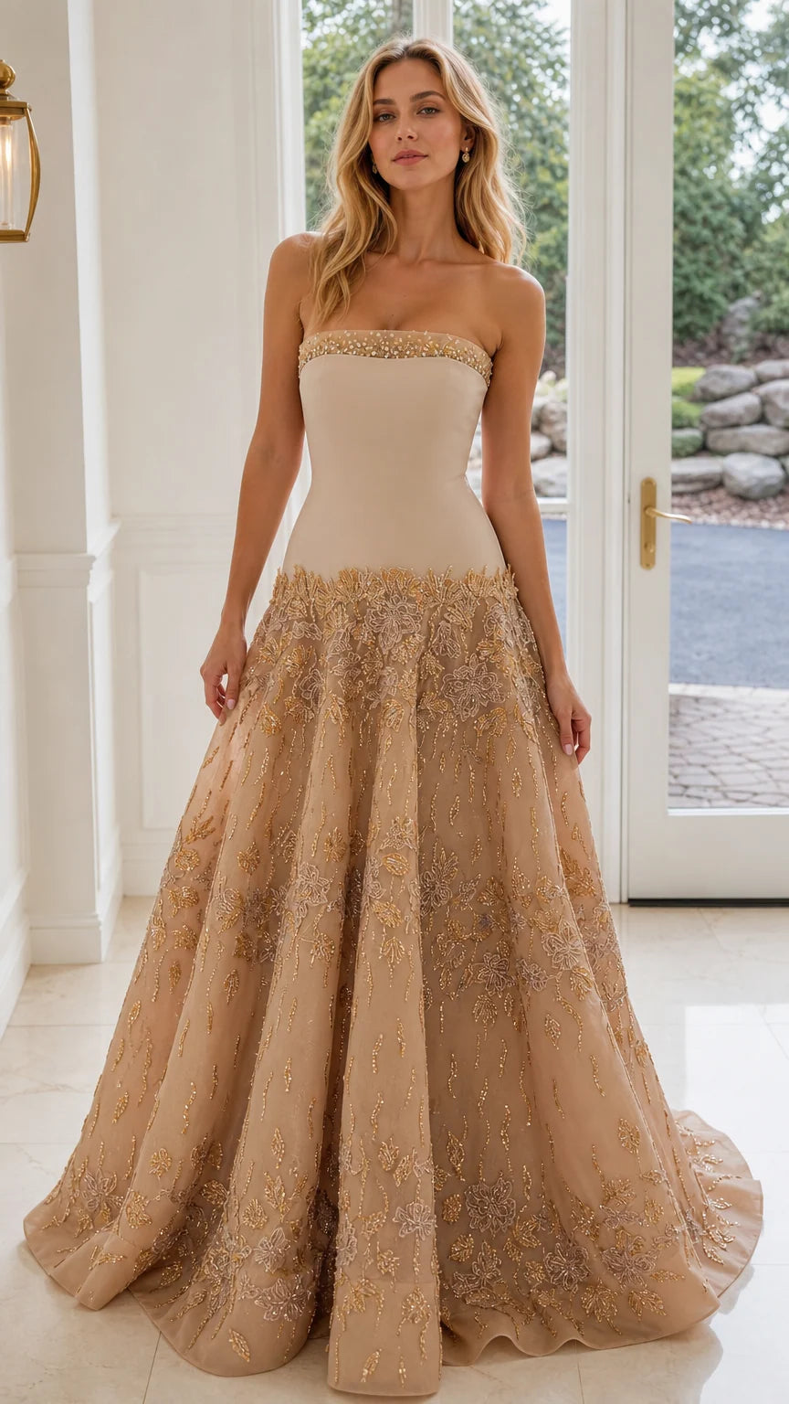 Model wearing Champagne strapless floral beaded evening gown front view
