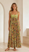 Front view of model wearing yellow boho floral print square neck maxi dress
