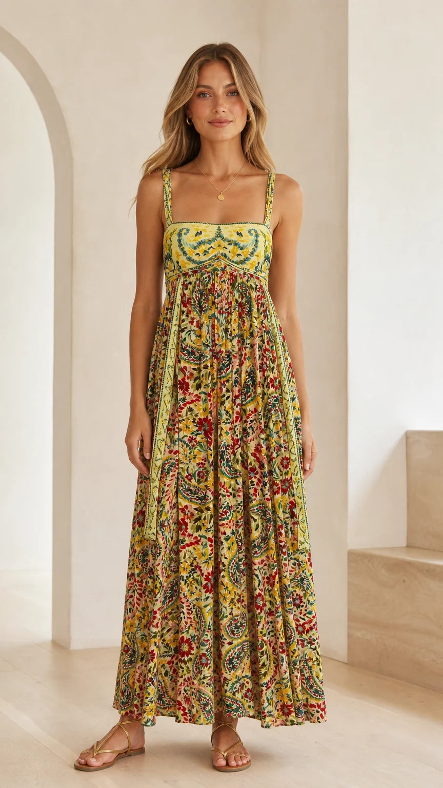 Front view of model wearing yellow boho floral print square neck maxi dress