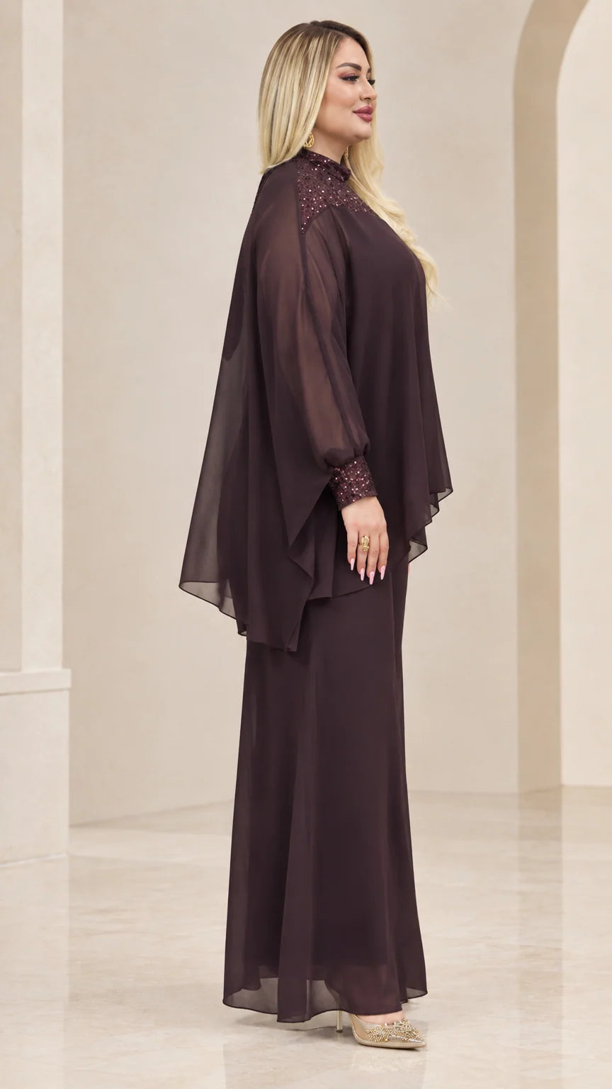 Side profile of woman in Plum two-piece chiffon evening pant suit