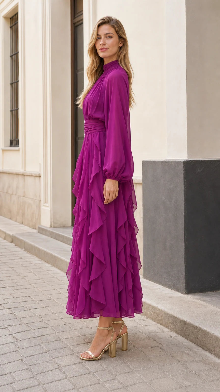 Side angle view of model posing in magenta pleated ruffle maxi dress