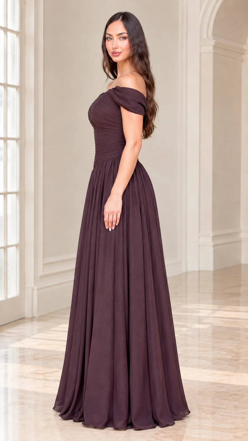 Side profile of model wearing plum off-the-shoulder evening gown