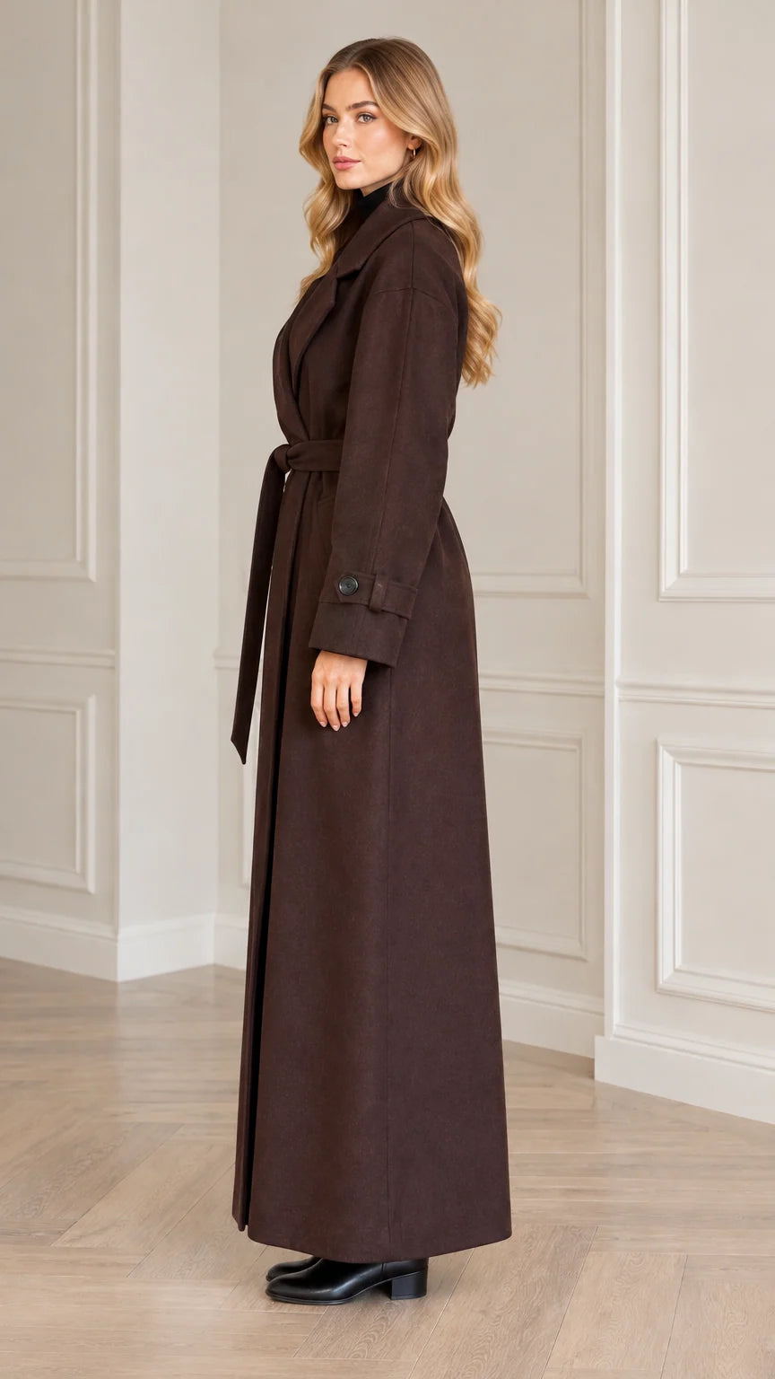 Side profile of model wearing dark brown ankle length belted coat