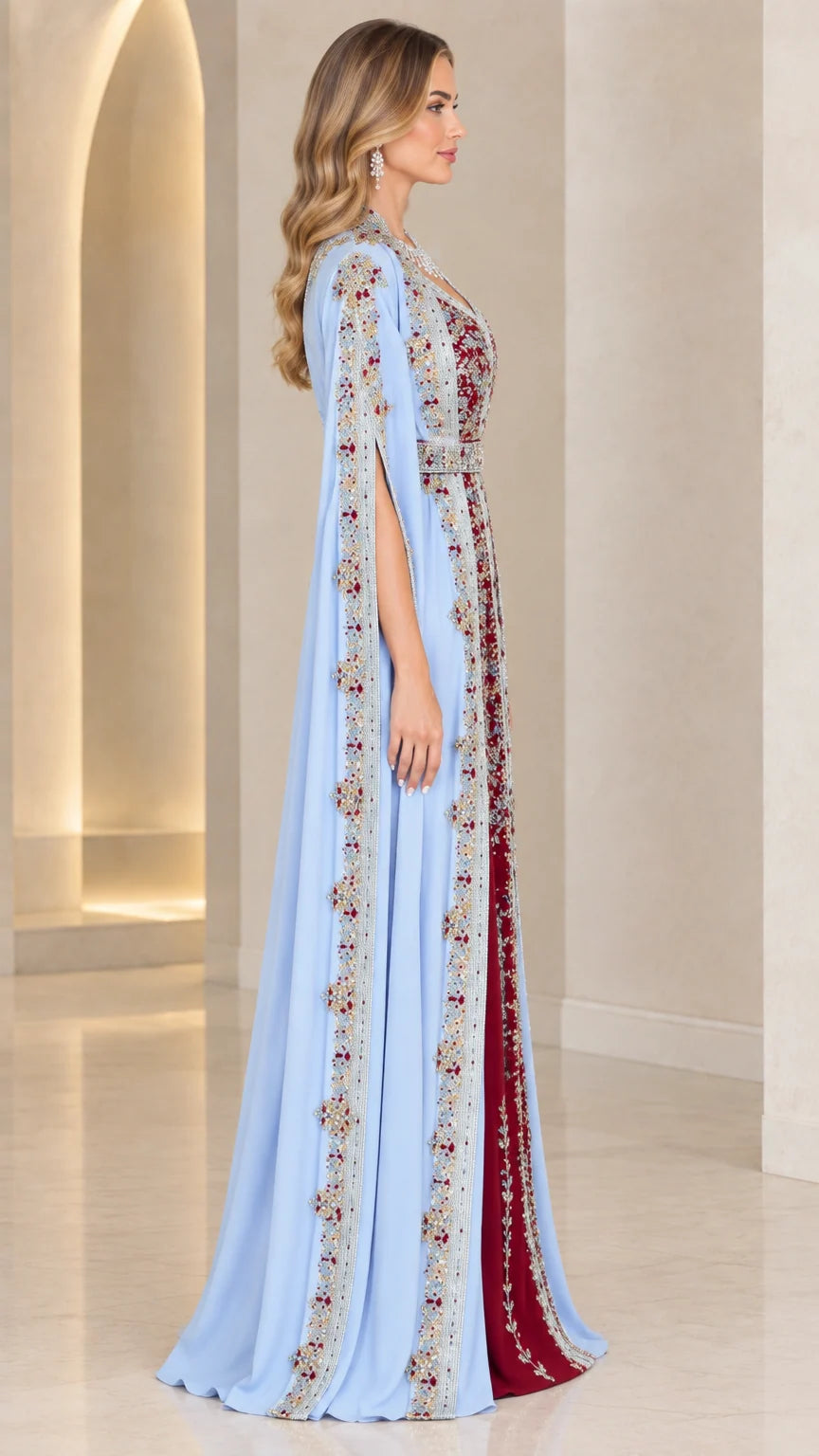 Light Blue Moroccan Kaftan Gown side profile view showing split cape sleeve