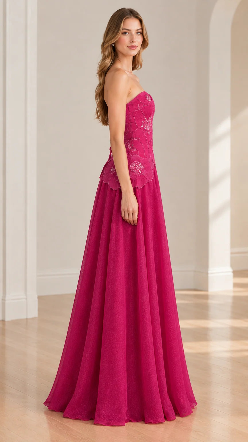 Side view of fuchsia pink floor-length corset evening gown