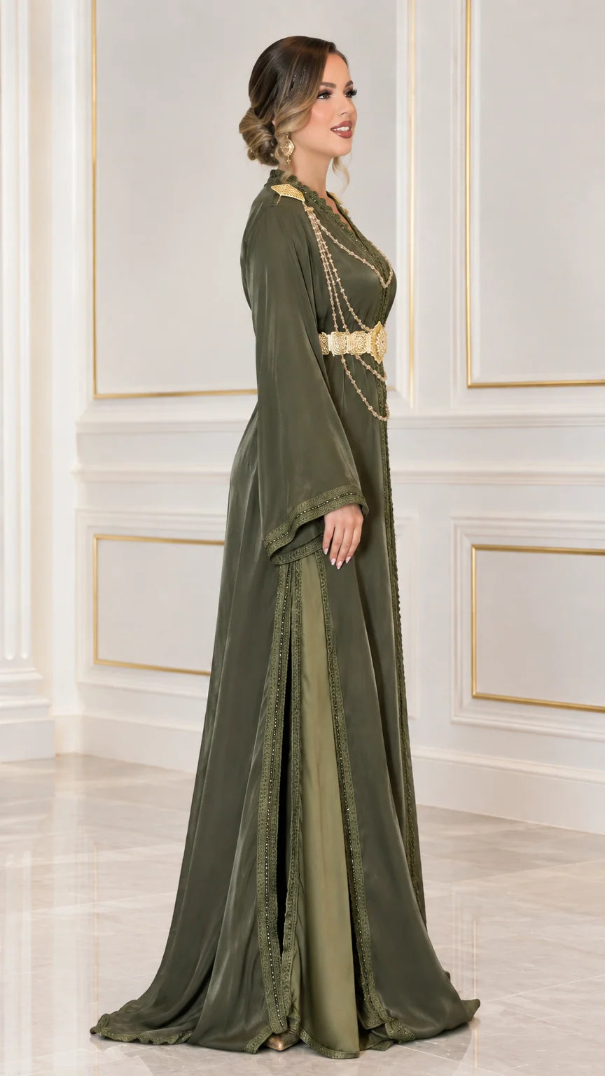 Side angle view of Olive Green embellished caftan gown showing slit layer