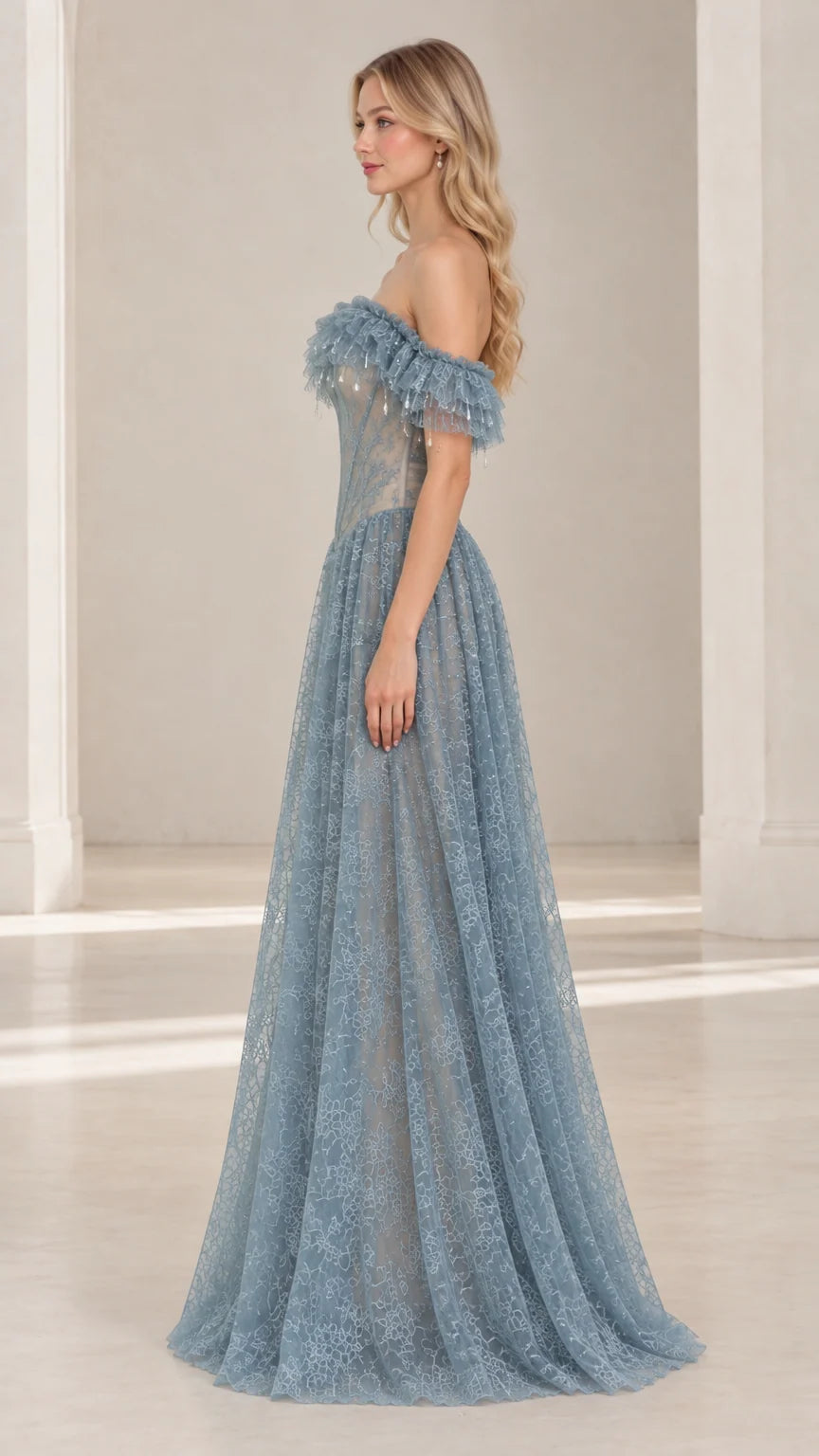 Dusty Blue off-the-shoulder formal dress side profile