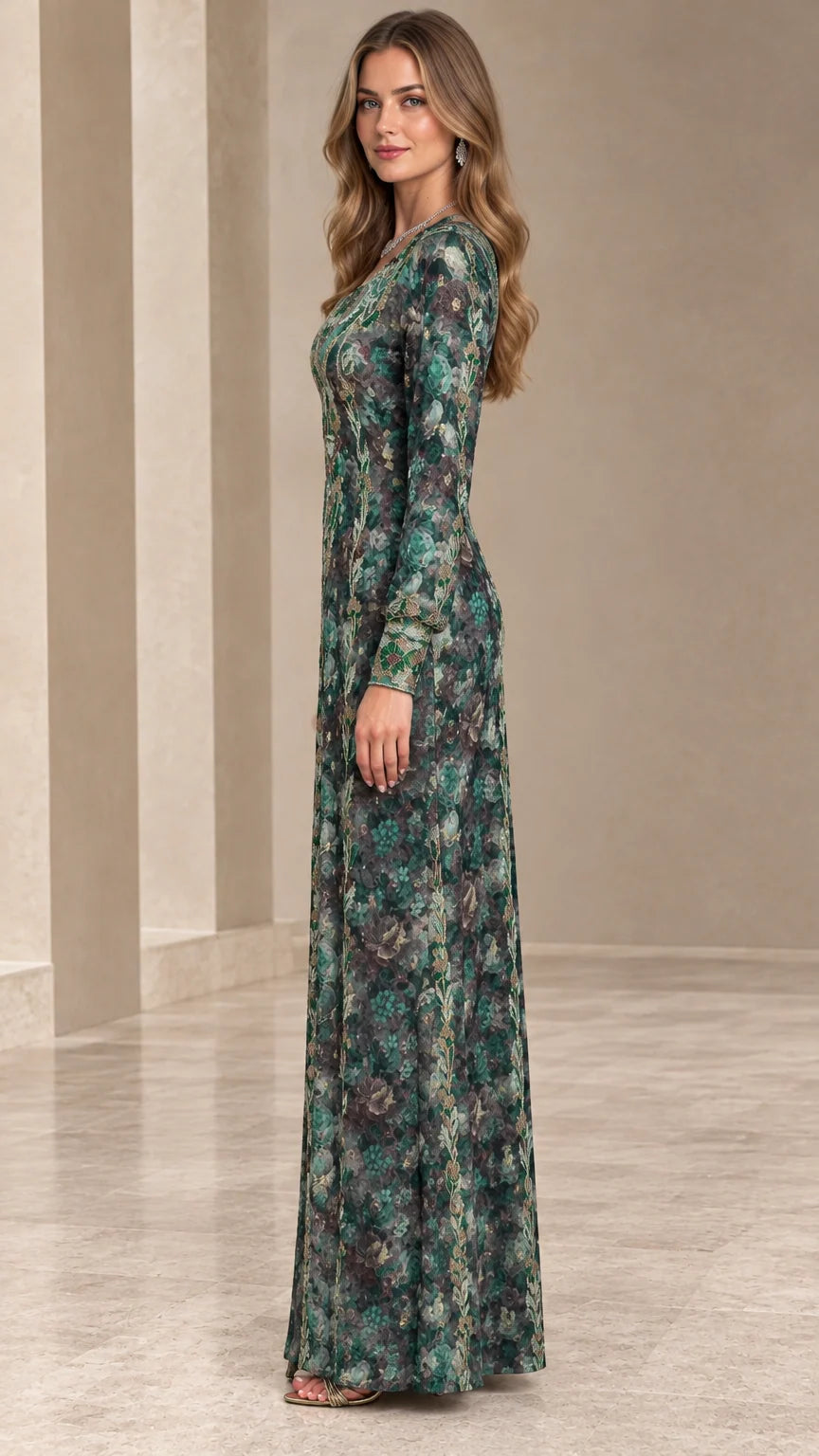 Side profile view of emerald green floral long sleeve evening gown
