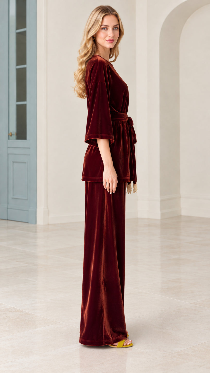 Side profile view of burgundy velvet matching two piece set
