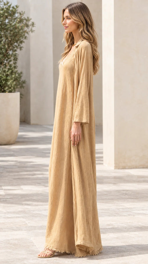 Side angle view of flowing Sand Beige 2-piece maxi dress set