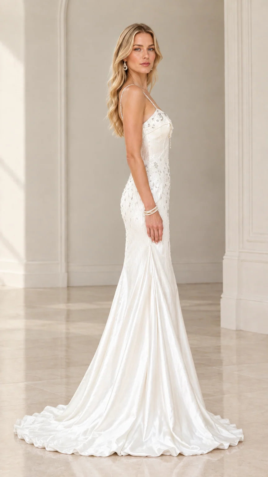 Side profile of woman wearing ivory satin trumpet formal dress