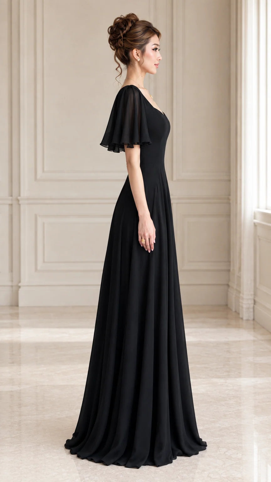Side profile of black chiffon evening maxi dress with flutter sleeves