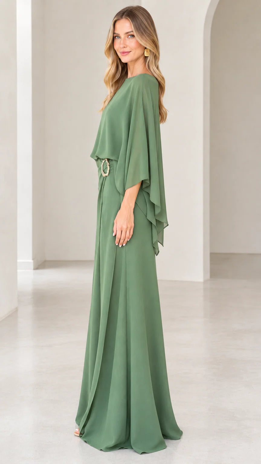 Sage green capelet formal jumpsuit side view showcasing flowing drape