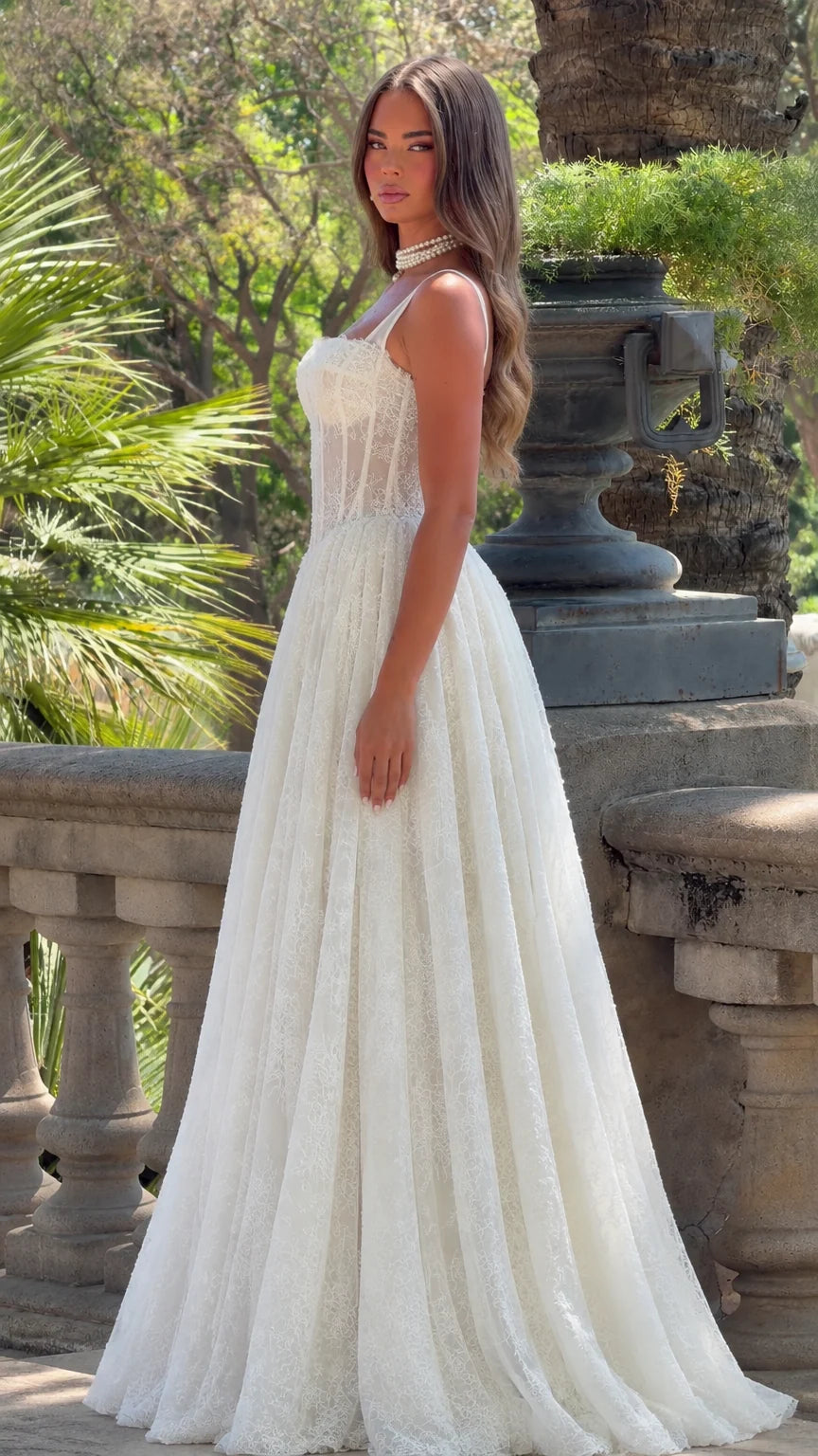 Side profile of Ivory boned corset A-line formal gown