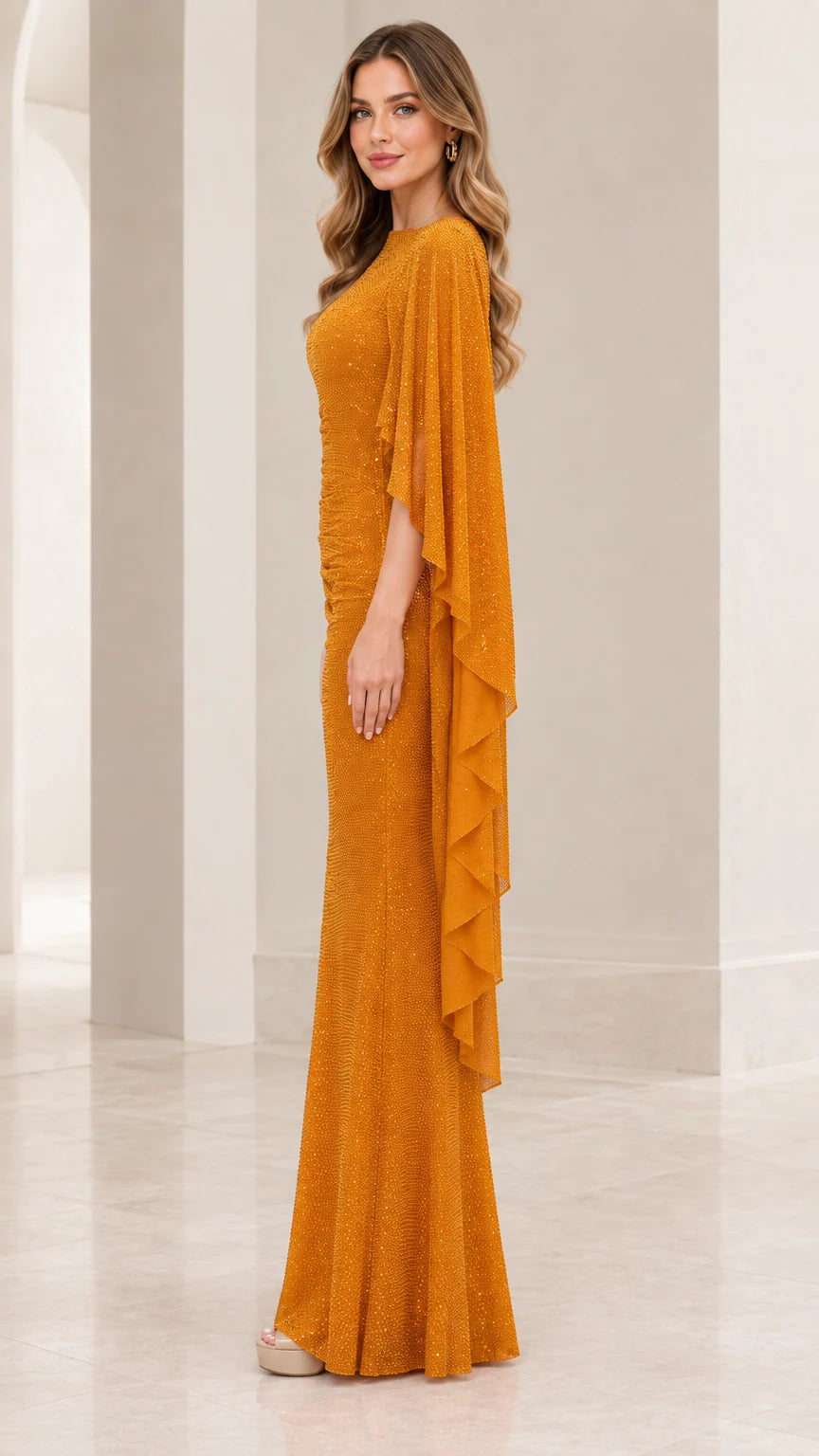 Side profile view of Mustard Gold cape evening dress showcasing draped detail
